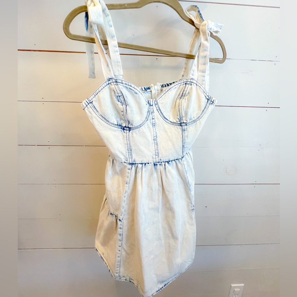 Adorable Denim Dress, Acid Wash in White with Bow Straps